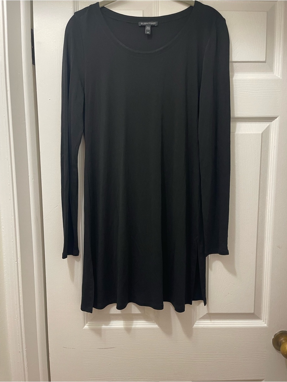 Eileen Fisher 100% Silk Black Long Sleeve Tunic Dress S/P Side Slits Minimalist